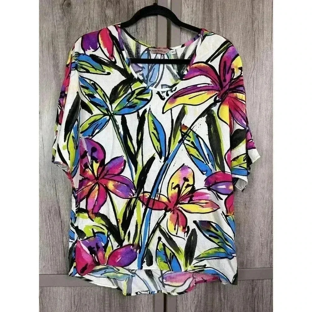 Jams World Top Sz XS Dali Floral Print Short Sleeves Scoop Neckline